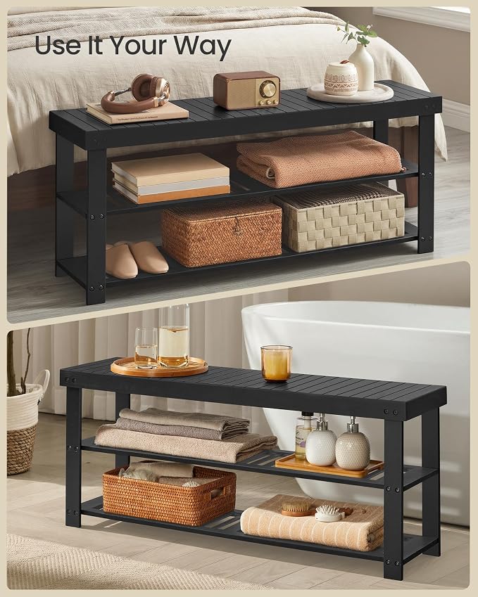 SONGMICS Shoe Rack Bench, 3-Tier Bamboo Entryway Bench, 42.9 Inches Width | Shoe Storage Organizer, Holds Up to 286 lb, Ink Black, BAMBOU Collection ULBS110B101 - Image 4