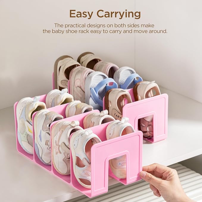 HBlife Pink Acrylic Kids Shoe Rack for Closet Organizers and Storage, Small Shoe Rack 4 Sections Toddler Baby Shoe Storage Organizer Stackable Shoe Shelf,Desk File Sorter Book Purse Organizer(2 Pack) - Image 5