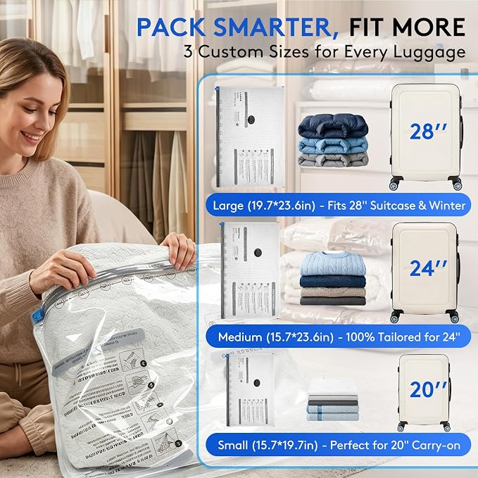 6 Packs Vacuum Bags for Travel with Rechargeable Pump, 3 Sizes Vacuum Seal Bags for Clothing, Compression Vacuum Travel Bags for Luggage, Vacuum Packing Bags for Closet Organization - Image 6
