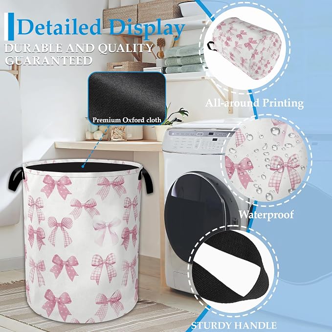 Pink Bowknot Laundry Basket Collapsible Laundry Hamper, Oxford Cloth Storage Bin for Room/Bathroom/Bedroom/Dormitories 16" X 20.8" - Image 3