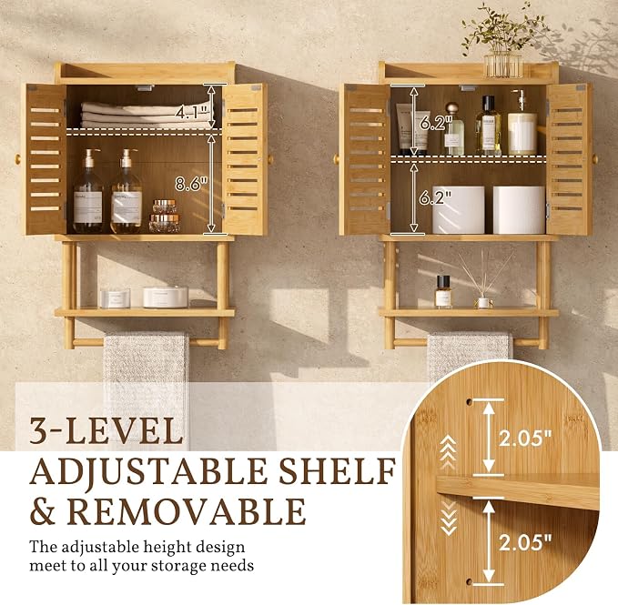 AmazerBath Bathroom Wall Cabinet, Bamboo Over The Toilet Storage Cabinet, Hanging Medicine Cabinets with Towel Bar, Wall Mounted Storage Shelf with Adjustable Shelves for Small Spaces - Image 3