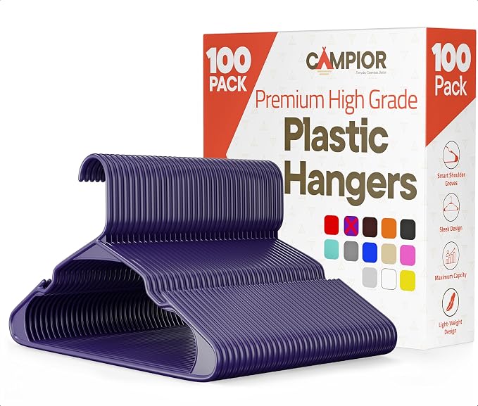 Purple Plastic Hangers 100 Pack– Heavy-Duty Plastic Hangers Slim and Space-Saving, Durable and Lightweight with Non-Slip Shoulder Notches for Slip Dresses, Suits, Jackets & Camisoles by Campior