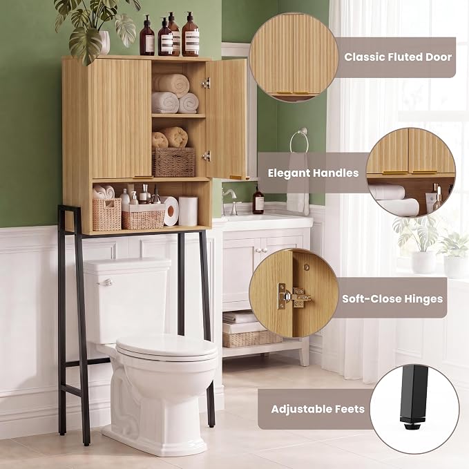 Over The Toilet Storage Cabinet,25" W Bathroom Organizer, Oak - Image 8