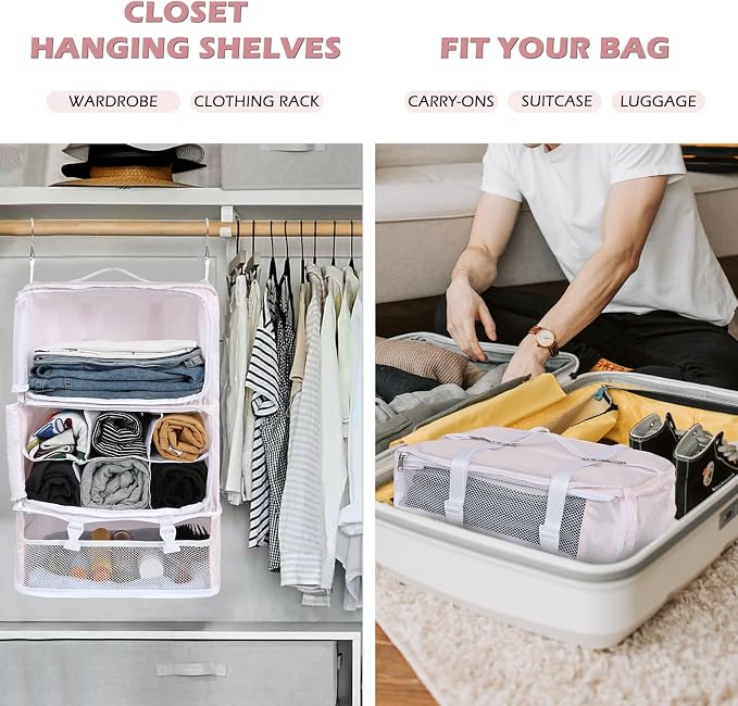 Surblue Hanging Shelves Travel Storage Bag Compression Packing Cube for Suitcase Portable Closet Organizer Collapsible with Extension Layer Large Capacity,Pink,XXL - Image 2