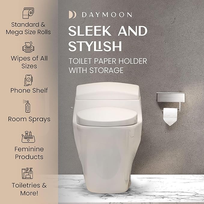 Day Moon™ - Toilet Paper Holder with Shelf - Modern Roll Holder for Bathroom - 1 Pack - Wall Mount - with Storage, Brushed Nickel - Image 3