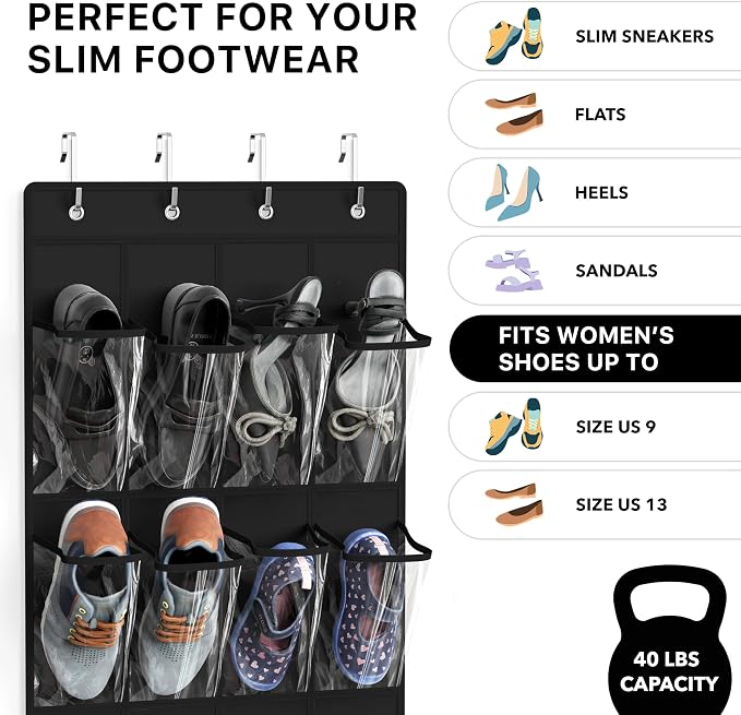 Simple Houseware 24 Pockets Clear Over the Door Shoe Organizer, Black | 64" x 19", 4 Durable Metal Hooks, 4.3" x 9.5" Pocket Size, Multipurpose - Image 3