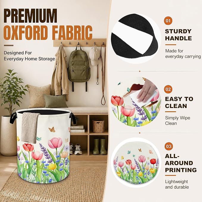 Decorative Foldable Laundry Basket with Handles,Watercolor Tulips Oxford Clothes Hamper featuring Spring Flowers, 16 x 20.8 Inch Storage Basket for Bedroom Bathroom Laundry Room,20.8x16 Inch - Image 3