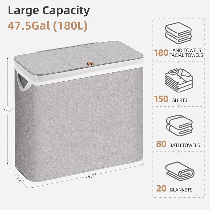 STORAGE MANIAC Triple Laundry Hamper with Lid, Metal Frame Laundry Baskets - Image 3