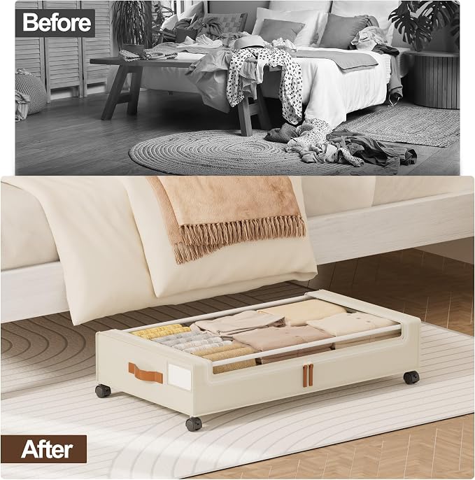 LAMU Under Bed Storage with Wheels, 2Pack Underbed Storage Containers,Beige | Smooth-rolling Wheels, Clear Lid & Label, Sturdy Metal Frame, Easy Install, Rolling Storage Drawers for Clothes, Shoes, Toys - Image 7