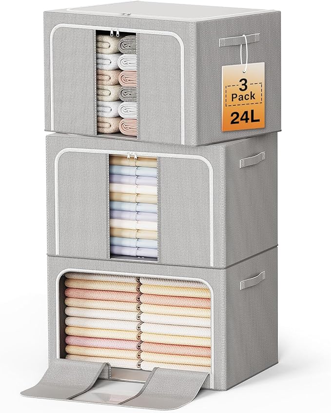 Clothes Storage Bins with Metal Frame Foldable Storage Box Clothes Organizers Storage Containers for Clothes Sheets Blankets Books Toys Gifts and Holiday Decorations (24Lx3 Pack) by LeArex