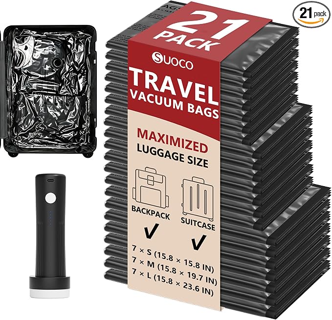 Travel Vacuum Bags for Clothing with Cordless Pump 21 Combo, Black | Compression Packing Cubes Organizer Storage for Luggage Suitcase, Space Saver Seal Bags for Vacation Cruise by SUOCO