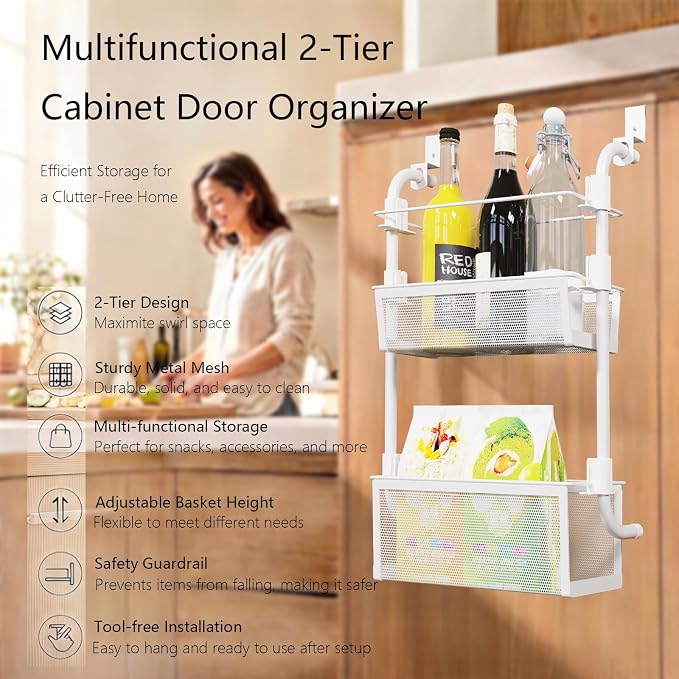 2-Tier Over Cabinet Door Organizer, White, 13" W x 5" D x 18" H - Image 3
