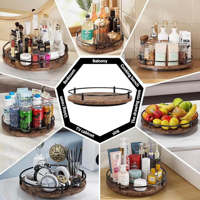 Lazy Susan Organizer：9 Inch Rotating Spice Rack for Kitchen Countertop Round Wooden Turntable Holder for Cabinet, Dining Table, Cupboard Storage – Black - Image 6