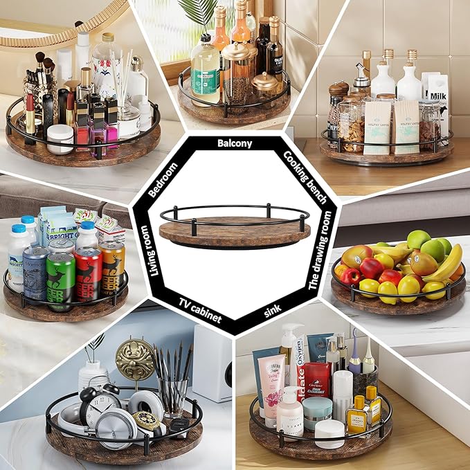 Lazy Susan Organizer：11 Inch Black Wooden Turntable Holder for Pantry&Dinning Table Rotating Round Spice Rack for Dresser Makeup, Counertop, Home&Kitchen - Image 6