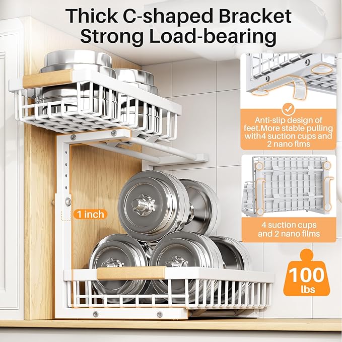 PXRACK Under Sink Organizer, Adjustable Height, 2 Tier Pull Out Under Cabinet Organizer, Slide Out Thickened Metal Under Sink Storage for Kitchen Bathroom Laundry Pantry Cabinet, White, Large-2-Pack - Image 6