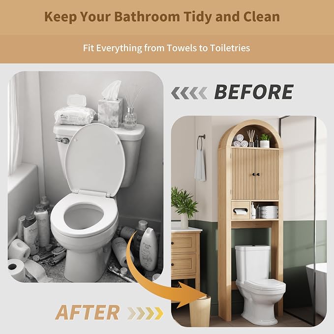 Arched Over the Toilet Storage Cabinet with Fluted Wood Doors, Natural Oak - Image 8