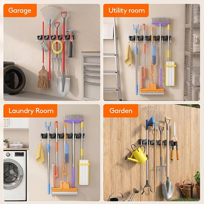 Lifewit Mop and Broom Holder Organizer Wall Mount Non-Slip, 2 Pack, Black - Image 9