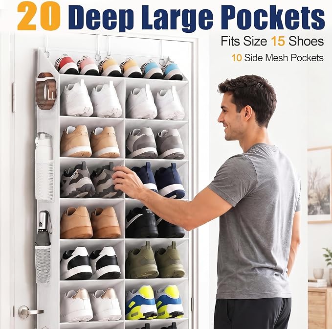UVIAHOMI 20-30 Pairs Over the Door Shoe Organizer with Side Mesh Pockets, 10-Tier Hanging Shoe Storage for Closet, Breathable Door Shoe Rack Holds Sneakers, Boots, Heels & Daily Essentials, White - Image 4