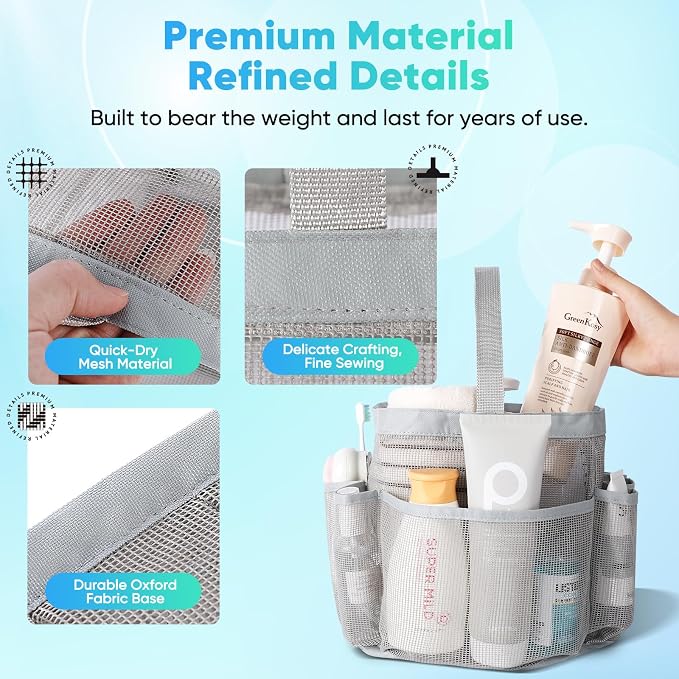 EUDELE Mesh Shower Caddy Portable for College Dorm Room Essentials,Portable Shower Caddy Dorm with 9-Pocket Large Capacity, Shower Bag for Beach, Swimming, Gym, Travel essentials, Grey - Image 5