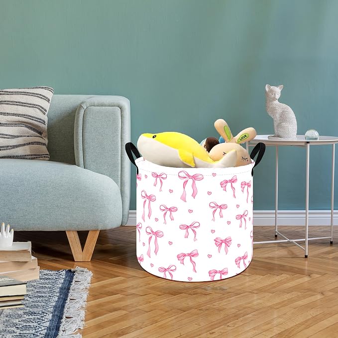 MAIZMZ 3 Pack Pink Bow Storage Basket for Girls Room, 15.7 x 13.3 Inch Round Laundry Basket with Handles,Foldable Toy Organizer Bin with Water-Resistant Lining for Nursery, Bedroom, Gifts - Image 6