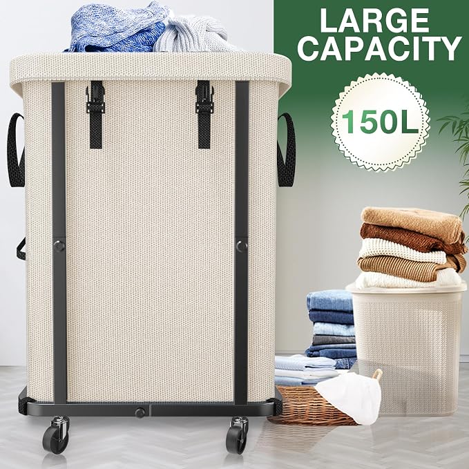 Laundry Basket with Lid, 150L Rolling Laundry Hamper with Wheels White - Image 2