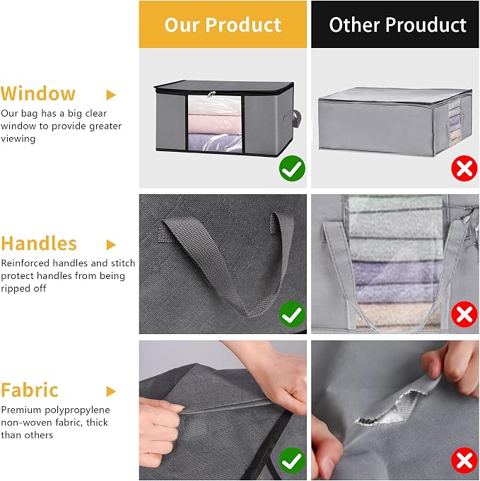 3 Pack Storage Bags, 45L Foldable Clothes Storage Bins with Lids, Closet Organizers Blanket Storage Bags with Zippers Clear Window Sturdy Handles for Clothing Bedding Comforter Sweater Pillows (Gray) - Image 5