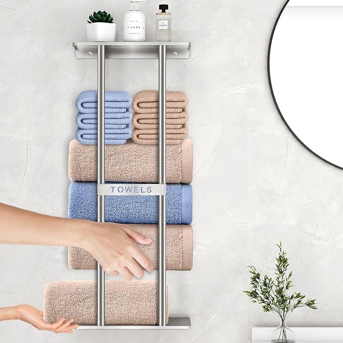 STWWO Bathroom Towel Storage for Bathroom, Wall Towel Rack for Rolled Towels, 30 inch Towel Holder Wall Mounted with Metal Shelf Can Holds 6 Large Towels, Brushed Nickel - Image 3