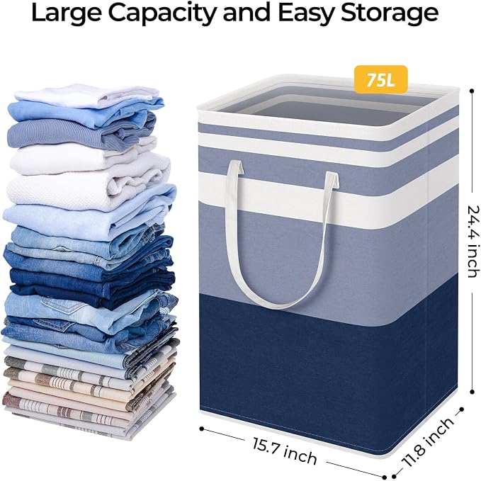 HomeHacks 2 Pack Large Laundry Baskets, Laundry Hampers Bags (Blue 75Lx2) | Waterproof, Freestanding, Collapsible Clothes Hamper with Reinforced Handles in Laundry Room, Dorm, Bathroom, Bedroom - Image 4