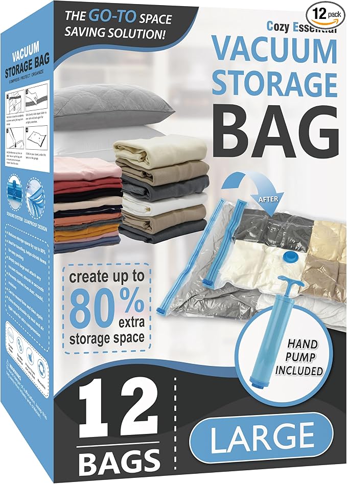 Vacuum Storage Bags with Hand Pump, Vacuum Seal Space Saver Bags,12 Large | 80% Space-Saving Bags for Clothes, Blankets, Pillows & Bedding;Double-Zip Airtight Seal;For Closets, Home & Travel Storage by CozyEssential
