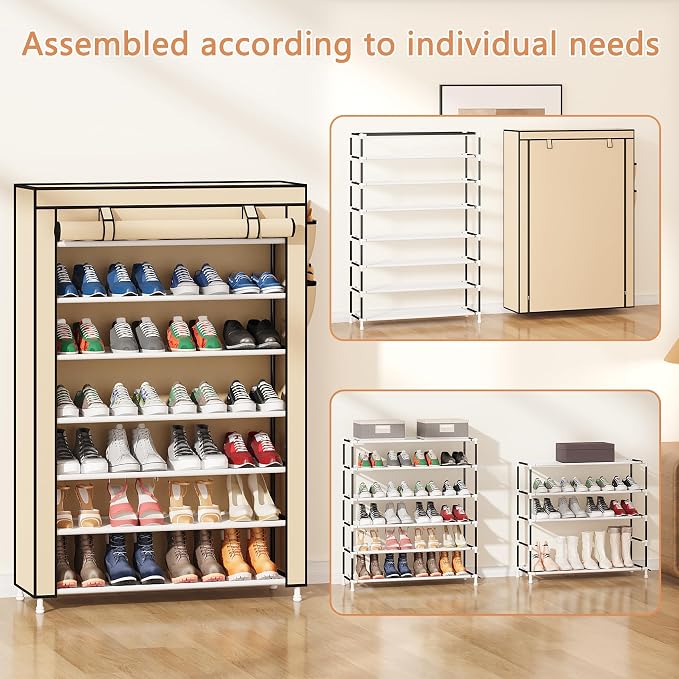 Laiensia 7-Tier Vertical Shoe Rack Organizer, Space Saving Shoe Storage Organizer, Non-Woven Cover Shoe Shelf Holds 28-35 Pairs for Bedroom, Hallway, Closet Entryway, Beige - Image 4