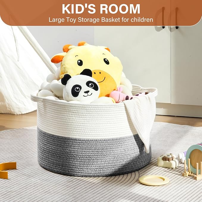 Foldable Laundry Hamper Basket with Collapsible Handle Cotton Rope Soft Woven Fabric Storage Organizer Clothes Toys Nursery Bedroom Dorm Space Saving Bin (White & Light Grey, 115L(23.6"D x 15.7"H)) - Image 3