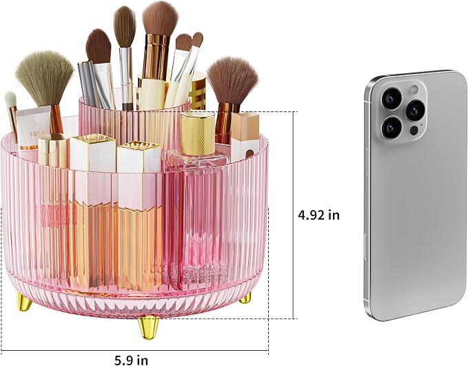 Clear Rotating Makeup Organizer Countertop for Vanity, 360° Makeup Brush Holder Organizer with 5 Compartments, Transparent Cosmetic Storage for Lipstick, Skincare, Bathroom Counter (Transparent Pink) - Image 4