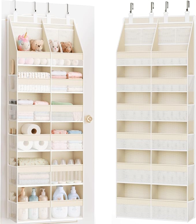 Criusia Over the Door Organizer, Extra Large 12 Compartments Closet Hanging Storage with 14 Mesh Pockets, 85lbs Capacity Behind the Door Storage for Baby Nursery, Bathroom, Bedroom, and Dorm, Beige by Criusia