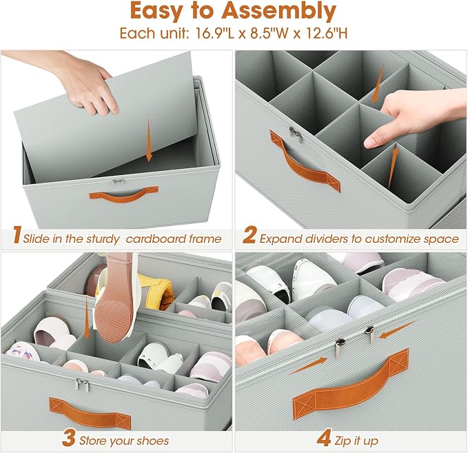2 Pack Shoe Organizer for Closet,Foldable Shoe Storage Organizer with Adjustable Dividers, Shoe Storage Box with Clear Cover, Fits up to 16 Pairs, Gray - Image 7