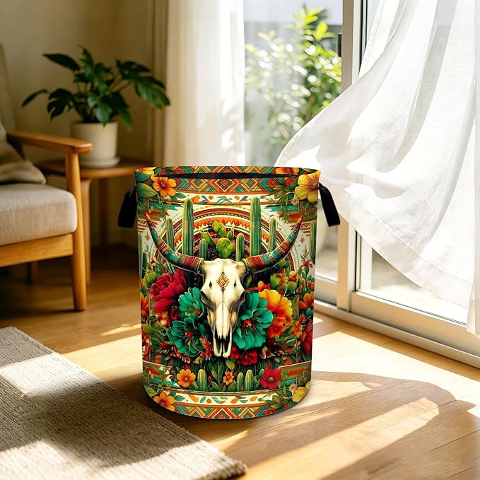 Western Skull Cactus Laundry Basket Foldable Laundry Hamper With Handles Clothes Storage Bucket Organizer Laundry Bag For Bedroom Bathroom Laundry Storage 19.6 x 15.7 - Image 5