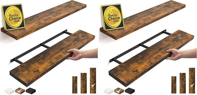 BAYKA Rustic Brown Floating Shelves 47.2in, Set of 2, Wall Mount Wood Shelf (Pack of 2) by Bayka