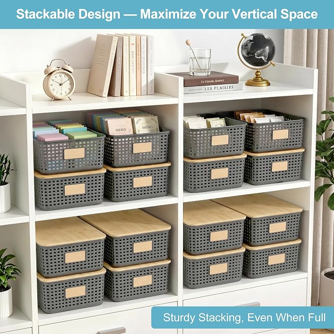 Bagnizer 4 Pack Plastic Storage Bins with Bamboo Lids, 6.2qt Stackable Storage Organizer Box with Lable for Pantry Shelves Drawers Desktop Office, 12"L x 8.3"W x 3.5"H, Gray - Image 3