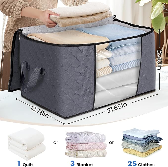Fab totes 3 Pack Storage Bags for Clothes Blanket Storage Bins with Lids | Foldable Closet Organizers with Zippers,Window and Handles,Fabric Storage Bins for Sweater,Comforter,Bedding,Dorm essentials - Image 2