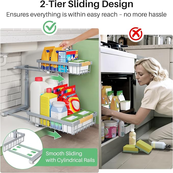Kitstorack Under Sink Organizer, 2 Tier Under the Sink Storage, Slide out Pull out Cabinet Organizer Shelf, Metal Sliding Drawer for Kitchen Bathroom Pantry Closet Organization Rack, Grey, 2 Pack - Image 6