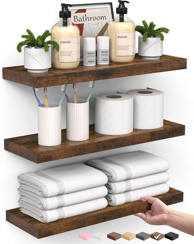 BAYKA Rustic Brown Bathroom Floating Shelves, 15.7in, 3Pk, Wall Mount Shelf by Bayka