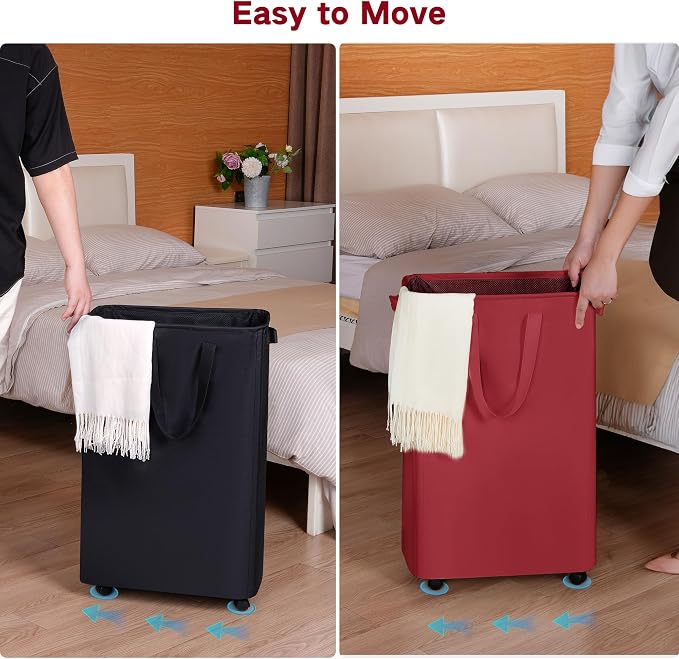 efluky Slim Laundry Hamper with Wheels, Rolling Laundry Basket for Clothes, Small Laundry Basket for Bedroom, Dorm and Laundry Room, 75L (19.8 Gallons) Red - Image 5