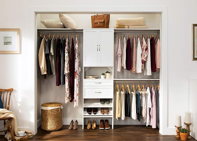 ClosetMaid SuiteSymphony Wood Closet Organizer System, 25-Inch Starter Kit with Tower and 3 Hang Rods and Shelving, Adjustable Shelves, Customizable Insert, Reach-in or Walk-in Closets, Pure White - Image 13