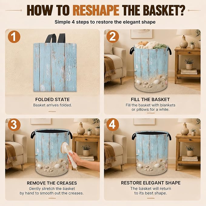 Laundry Basket with Handles,Summer Starfish Foldable Oxford Clothes Hamper,Rustic Blue Woodboard Portable Dirty Clothes Storage Bucket for Bedroom Bathroom Dorm Laundry Room Decor,20.8x16 Inch - Image 6