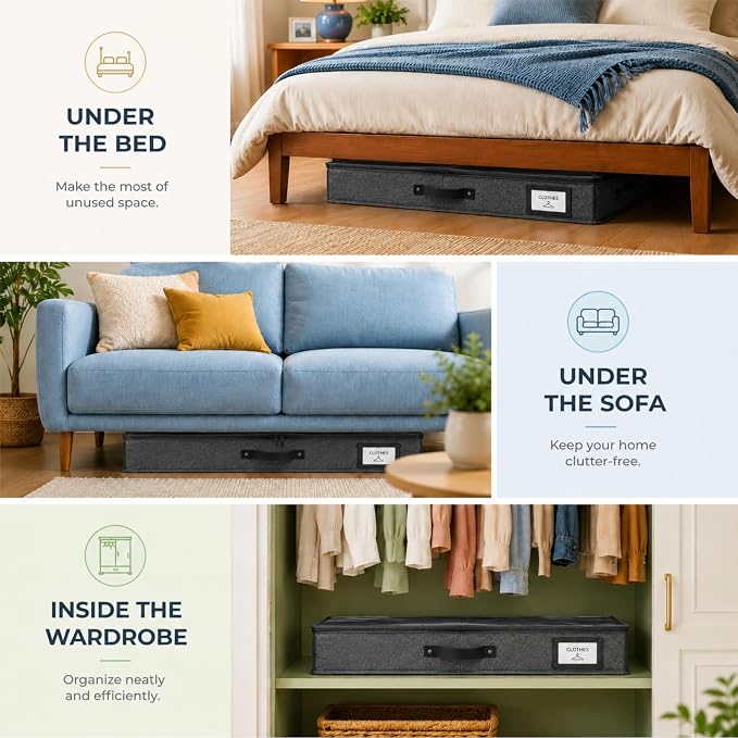 HOMELUX THEORY Under Bed Storage, Medium 2pc with Lid, Dark Gray | Drawer-style pull-out design, Fits blankets, clothes, fabric & shoes, Bins with lids, Bedroom & closet storage - Image 5