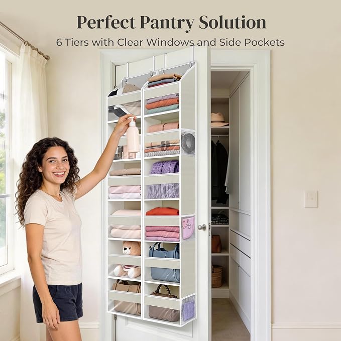 2-Pack Small 6 Tiers Over the Door Hanging Organizer, 6 Clear Pockets and 6 Mesh Pockets, 11.8” Wide for Narrow Cabinet Doors, French Doors in the Bathroom, Closet, RV - Image 3