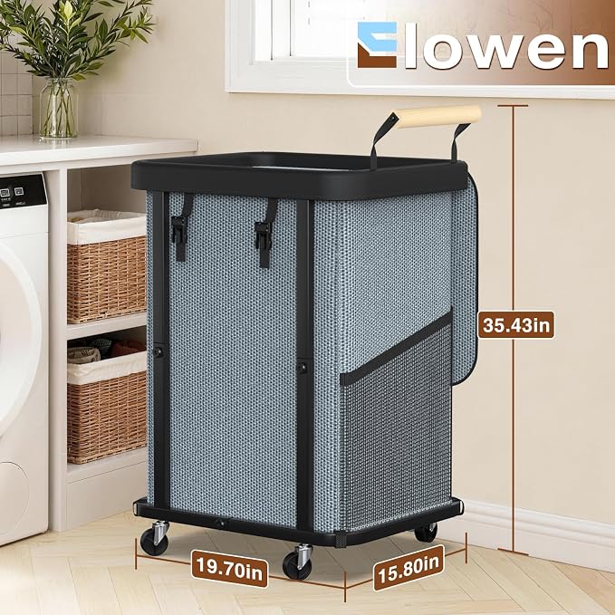 Laundry Hamper with Lid,Leather Patchwork Laundry Basket with Wheels Grey - Image 6