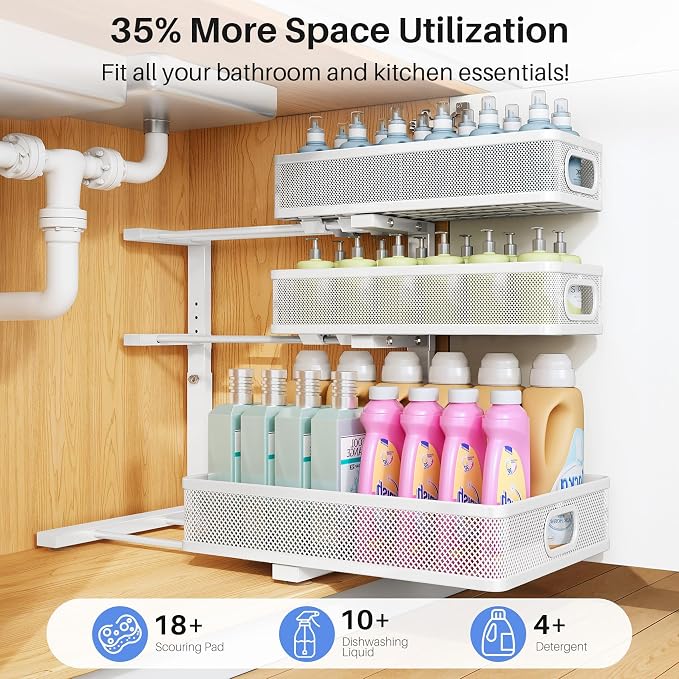 Under Sink Organizer, 3-Tier Thickened Metal Pull out Cabinet Organizer Shelf, Height Adjustable Slide out Storage Drawer Rack for Kitchen Bathroom Pantry Laundry Home Organization, 1-Pack, White - Image 4