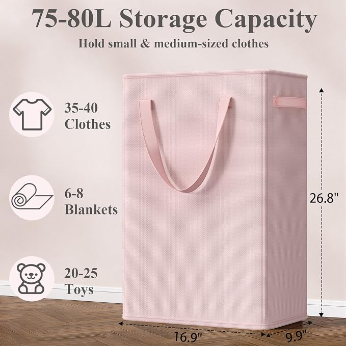 Optish 75L Pink Slim Laundry Hamper, Large Laundry Basket with Handles, Baby Hamper for Nursery, Dorm, Bedroom, Living Room, Collapsible Laundry Basket - Image 3