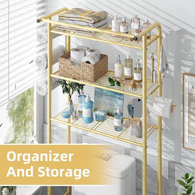 Simple Trending 3 Tier Over The Toilet Rack, Shelf Bathroom, Bathroom Stand Organizer Space Saver, Gold - Image 7