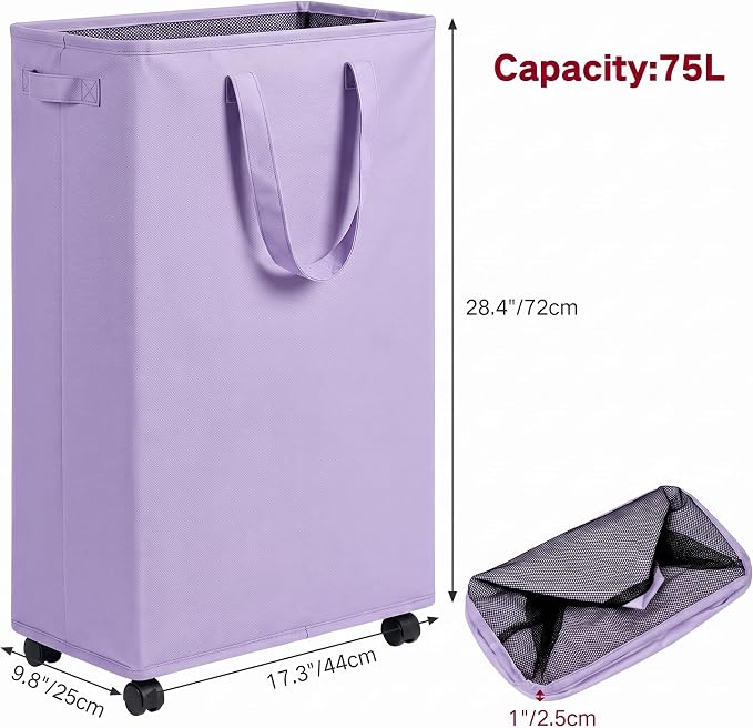 efluky Slim Laundry Hamper with Wheels, Rolling Laundry Basket for Clothes, Small Laundry Basket for Bedroom, Dorm and Laundry Room, 75L (19.8 Gallons) Purple - Image 2
